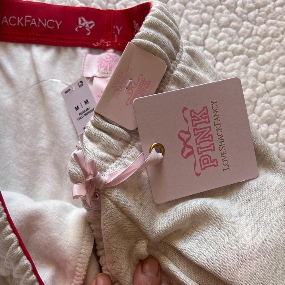 PINK LoveShackFancy Cream Drawstring Joggers with Pink Lettering - Picture 9 of 9